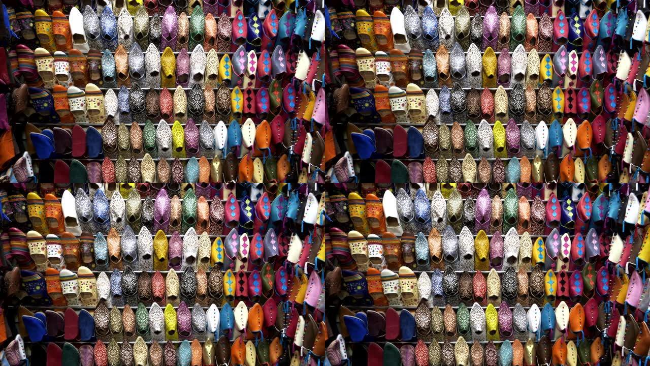 马拉喀什主要市场的鞋子零售展示