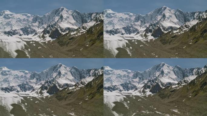 光荣的高山全景，白雪皑皑的白色Belukha山高耸在Akkem冰川上方