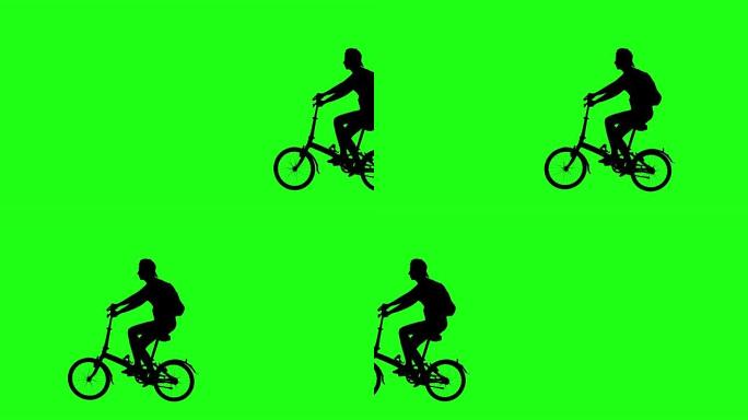骑自行车的人从右向左穿过屏幕。绿屏镜头。4k动画。