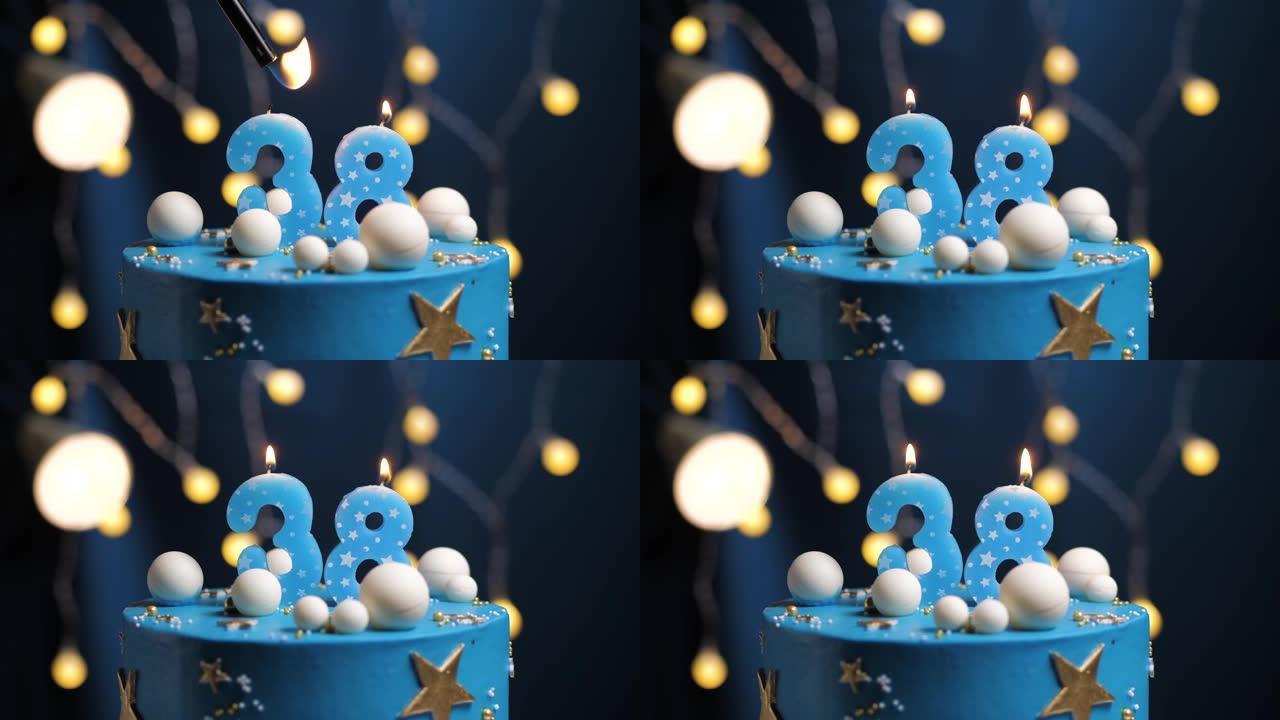 生日蛋糕编号38星星天空和月亮概念，蓝色蜡烛被打火机点燃，然后吹灭。如果需要，请在屏幕右侧复制空间。