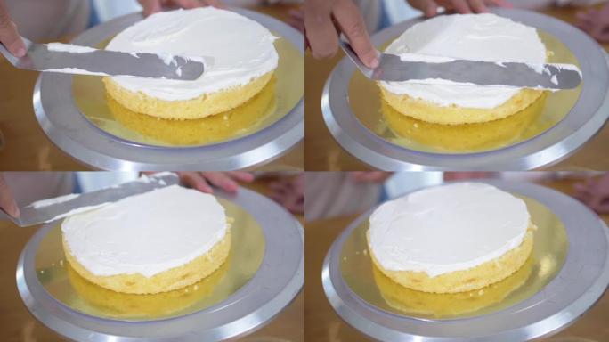厨师加工自制香草奶油蛋糕，慢动作。