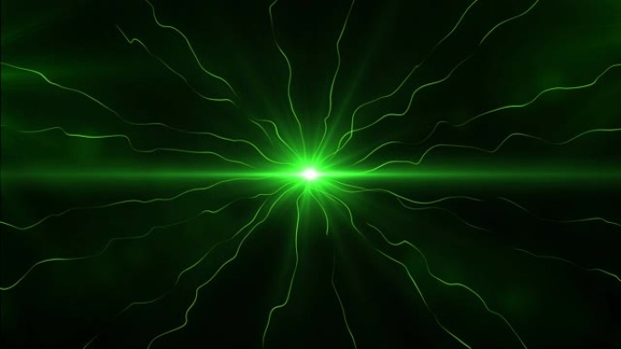 绿色闪光灯圈，闪闪发光的光芒椭圆形，光波在空间中流动，形成光线