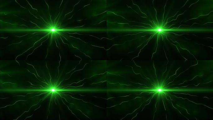 绿色闪光灯圈，闪闪发光的光芒椭圆形，光波在空间中流动，形成光线
