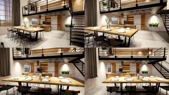 3d渲染。室内住宅带厨房的现代开放式生活空间。阁楼式复式公寓住宅。家居装饰豪华室内设计。