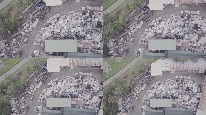香港的塑胶回收厂。空中无人机视图