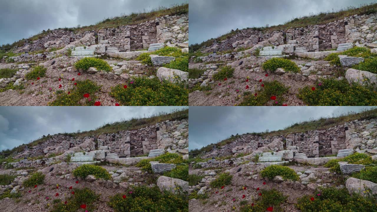 白天风暴天空圣托里尼岛老石遗迹花卉全景4k延时希腊