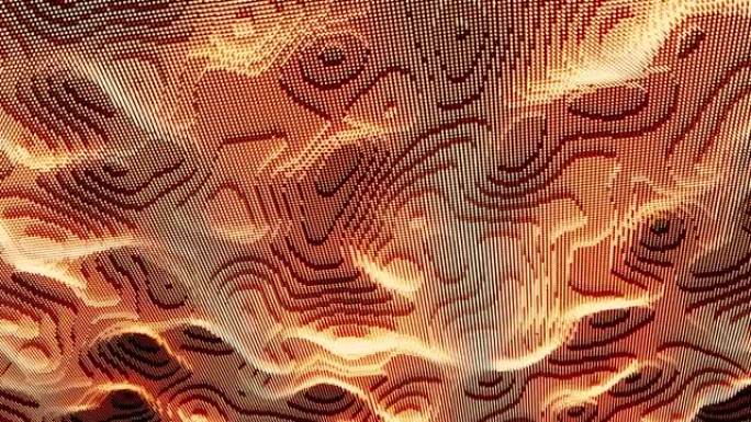 波浪形表面有波纹和颗粒，无缝循环。动画。橙色、未来和技术背景的3D充满活力的像素纹理。
