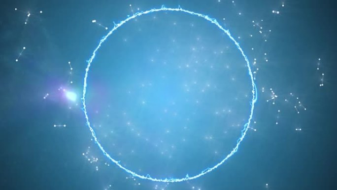 天气预报概念。带有神经丛网络的动画闪电环和蓝色背景上的抽象闪闪发光的星星。