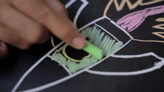教育理念。特写男性的手是用绿色粉笔在黑板上画火箭。