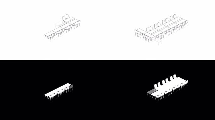会议室设置布局配置t形风格，白色背景动画4K上的3D虚拟等距概念设计插图，带哑光阿尔法通道的复制空间