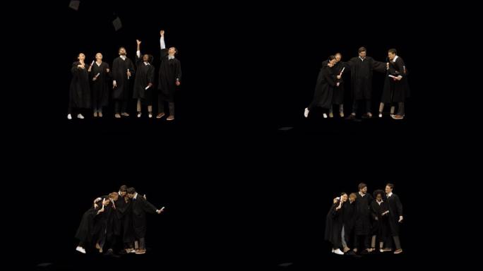 一群快乐的学生朋友将毕业帽扔向空中，频道