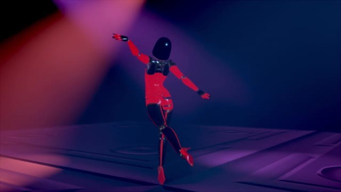 美丽的机器人女孩在霓虹灯下在t台上跳芭蕾舞。人造女性机器人跳舞。人工智能,芭蕾。