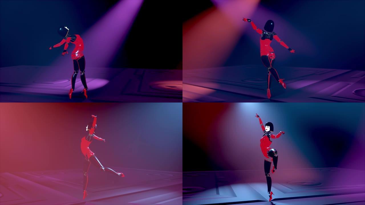 美丽的机器人女孩在霓虹灯下在t台上跳芭蕾舞。人造女性机器人跳舞。人工智能,芭蕾。