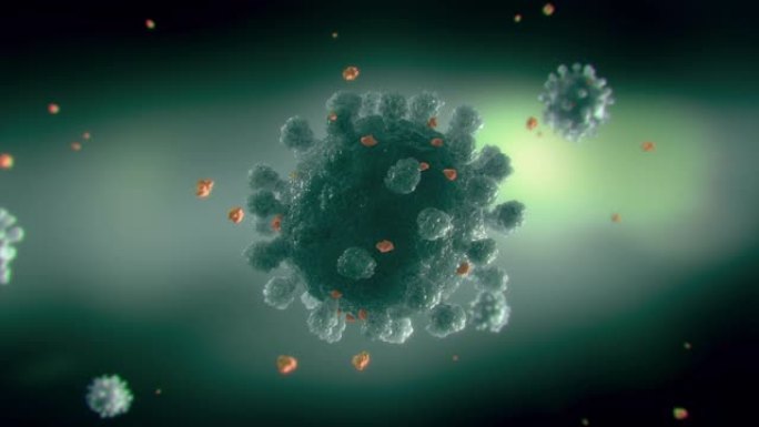 几个冠状病毒细胞在空中飞行的逼真的医学动画