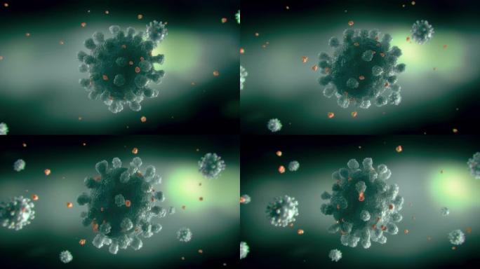 几个冠状病毒细胞在空中飞行的逼真的医学动画