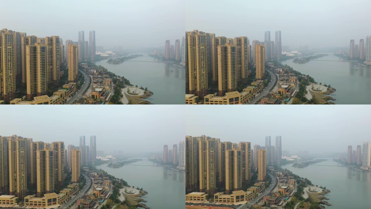日落灯长沙市著名交通湖滨湾文化艺术中心交通空中全景4k中国
