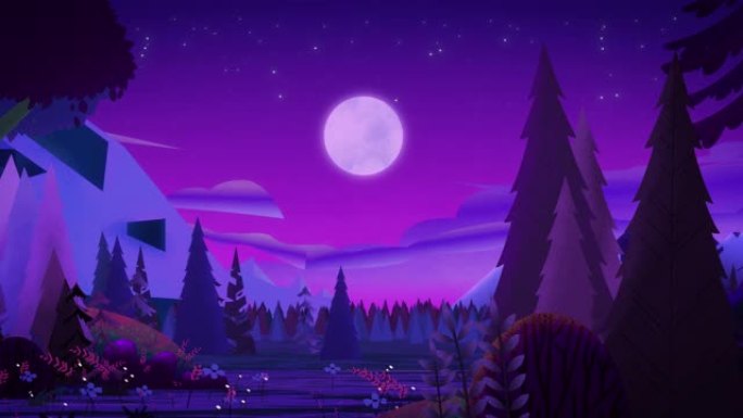 美丽美妙的夜晚紫蓝色针叶林。夜空的景色，星星和明亮的月亮在岩石之间。