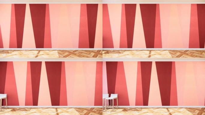 木质地板上彩色房间室内场景红色和粉色。3d渲染