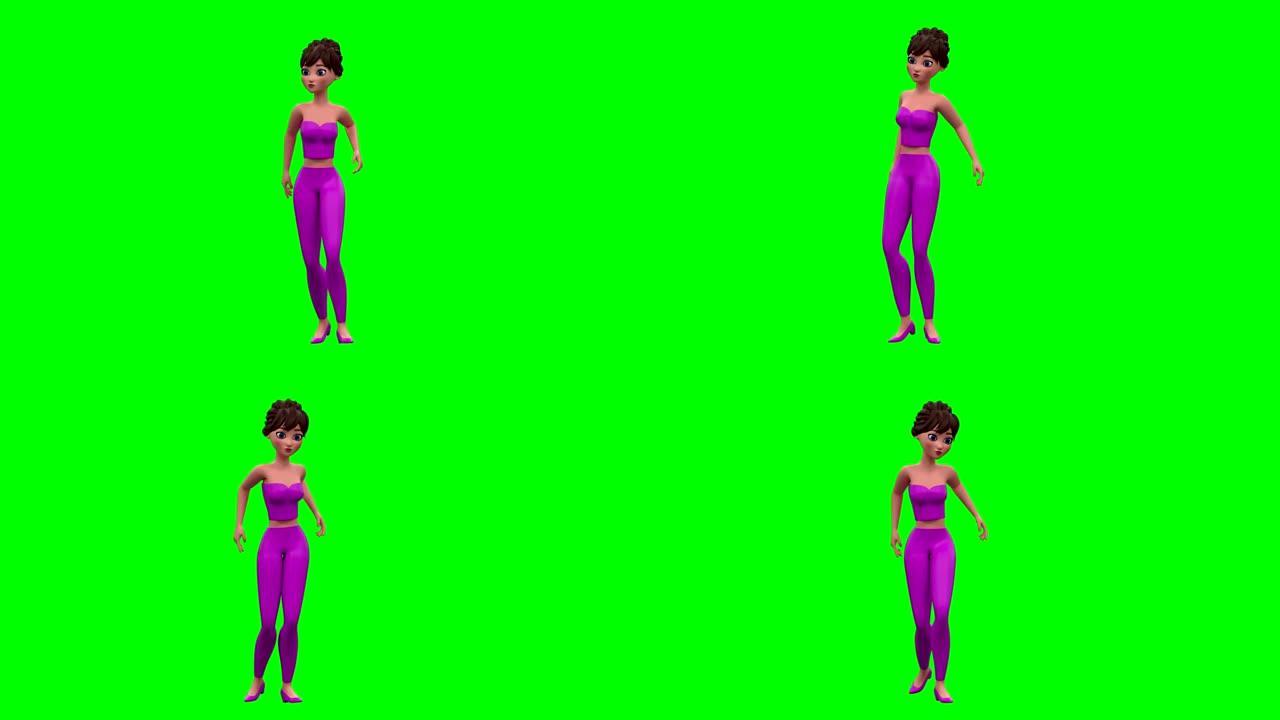 绿色屏幕上粉红色穿着跳舞的女人的3D动画