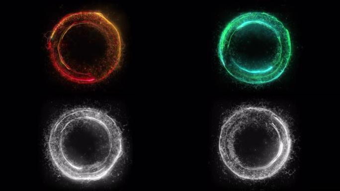 无缝循环。带有变化的颜色的圆形门户的动画，由闪电，能量和粒子组成，在黑色背景上与alpha luma