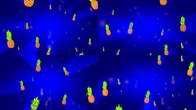 菠萝从蓝色背景上旋转的明亮辉光平稳地移动。3D循环动画。