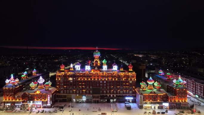 边城雪夜欧式建筑灯光夜景