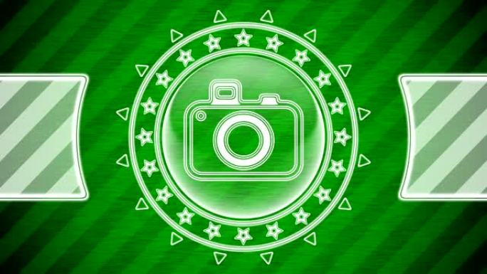 圆形和绿色条纹背景的相机图标。插图。