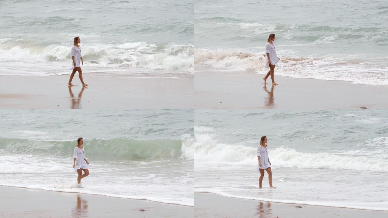 夏天完美的一天 -- 年轻女子在海滩上享受她的一天