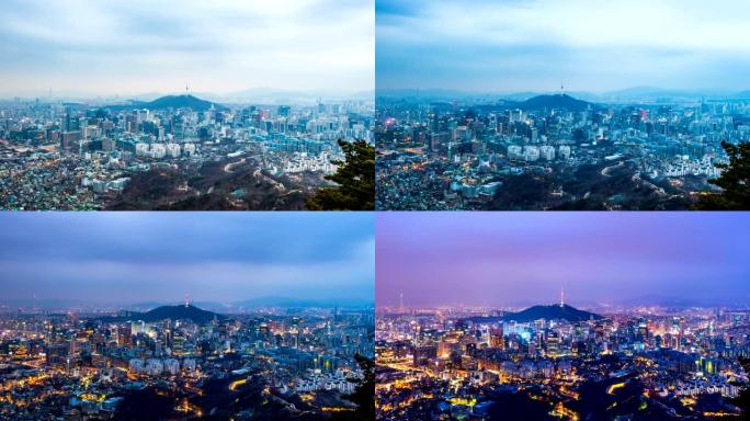 首尔日夜天际线与韩国首尔塔的时间流逝。