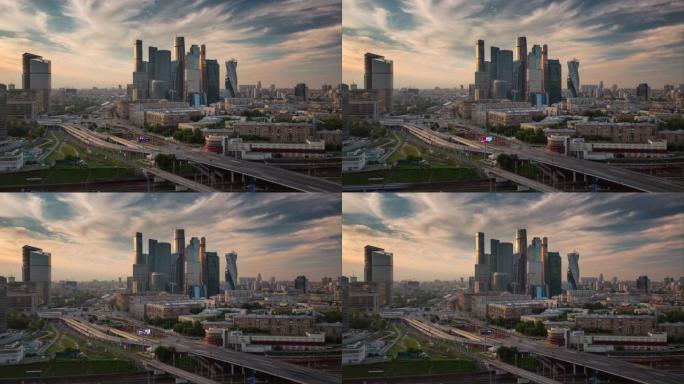 莫斯科现代城市交通道路空中全景4k延时俄罗斯