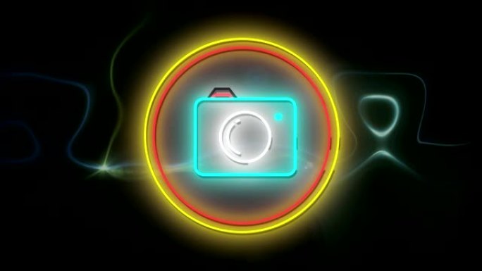 在发光的圆圈中闪烁的蓝色霓虹灯数码相机图标的动画