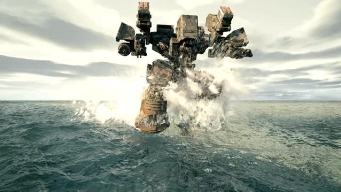 一个军用机器人在满是水的表面上行走。未来启示录的概念。军事、未来或小说背景的动画。