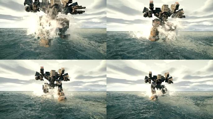 一个军用机器人在满是水的表面上行走。未来启示录的概念。军事、未来或小说背景的动画。