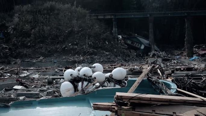 日本福岛-03/11/2011: 海啸后被毁的城市景观和房屋废墟
