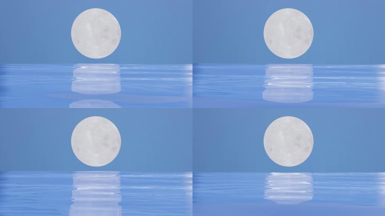 碧蓝水面上的大满月，无缝循环4k背景