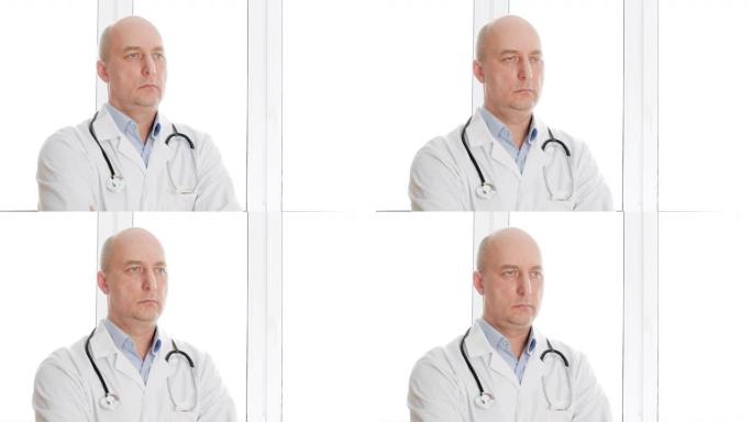 诊所办公室穿着白色实验室外套的肖像医生，带语音内窥镜点头。听诊器的医生在窗口背景下积极摇头。