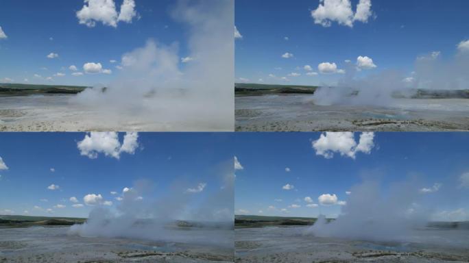 在黄石国家公园下盆地间歇泉的一次喷发中，蒸汽从Clepsydra间歇泉喷出。