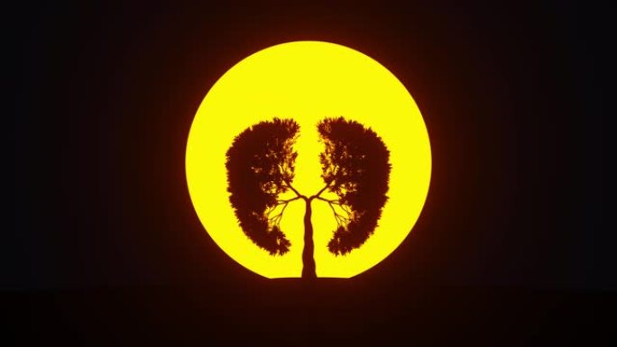 地球的肺。日出时长成肺部形状的树。生态概念。