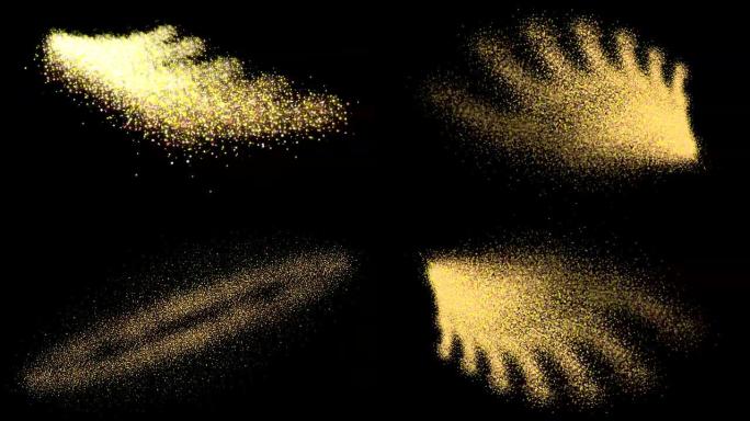 黑色背景上的金色闪光爆炸。随机金色五彩纸屑爆炸的抽象数字动画