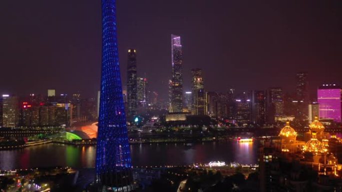 夜间照明广州市市中心著名塔空中全景4k中国