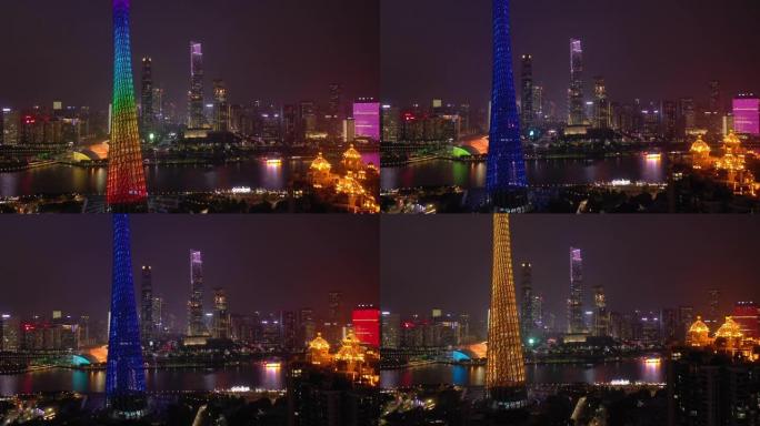 夜间照明广州市市中心著名塔空中全景4k中国