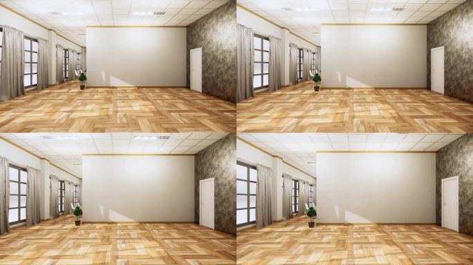 空房间内部，木地板在空墙背景上。3D渲染