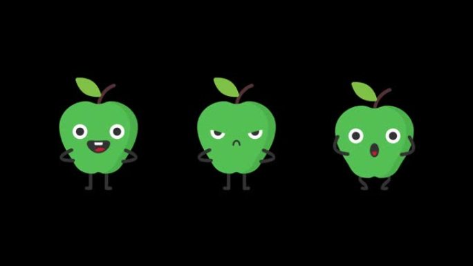 苹果有趣的角色。三个动画是不惊讶。透明背景