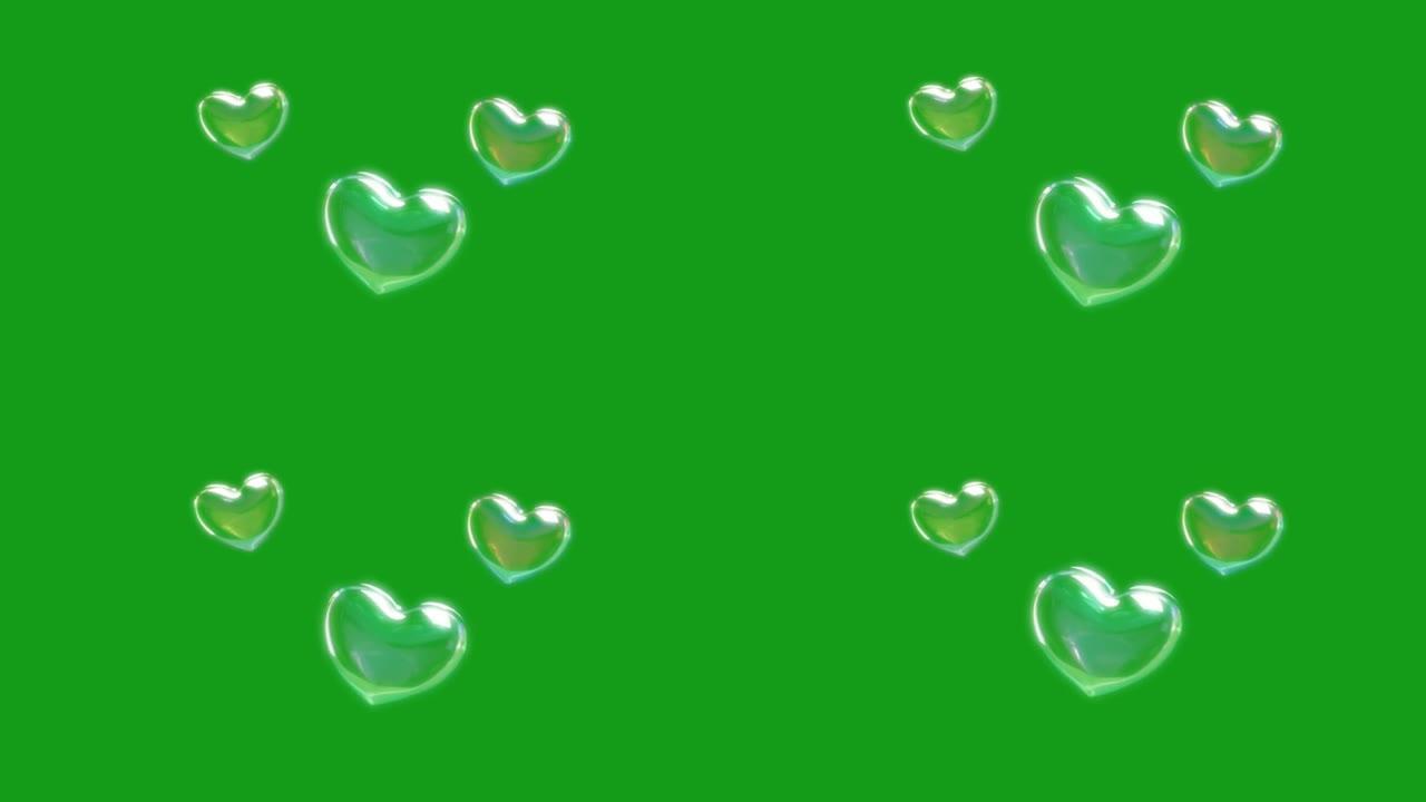 闪亮的心脏气泡运动图形与绿色屏幕背景