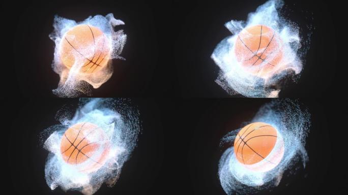 带有白色扭曲粒子的篮球旋转，3d渲染