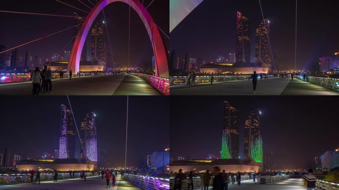 夜间照明南京市著名的帕德斯特眼桥著名的塔延时全景4k中国