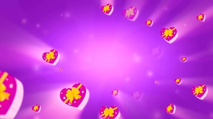 美丽的糖果盒在情人节的粉红色背景下向前移动。3D无缝循环动画。
