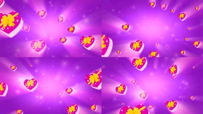 美丽的糖果盒在情人节的粉红色背景下向前移动。3D无缝循环动画。