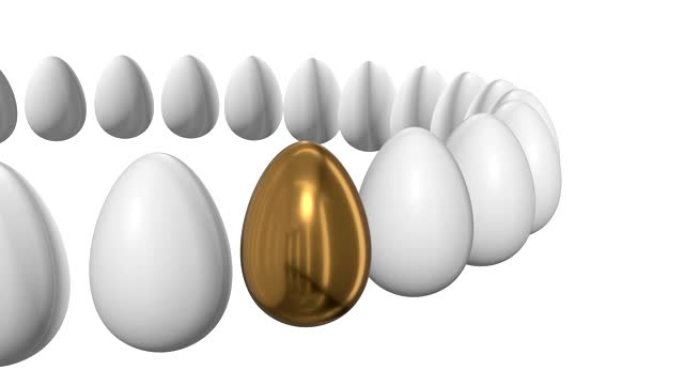 金蛋排成一排。3D渲染。复活节，出众，商业概念。