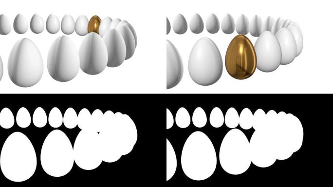 金蛋排成一排。3D渲染。复活节，出众，商业概念。